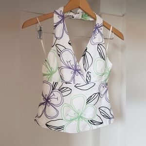 LOFT White Halter Top with Purple & Mint Floral Embroidery